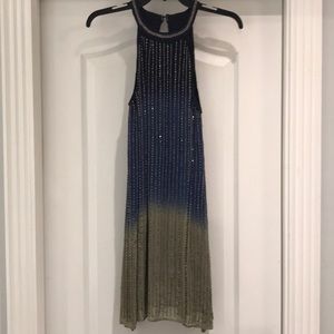 navy/tan/gold cocktail beaded dress